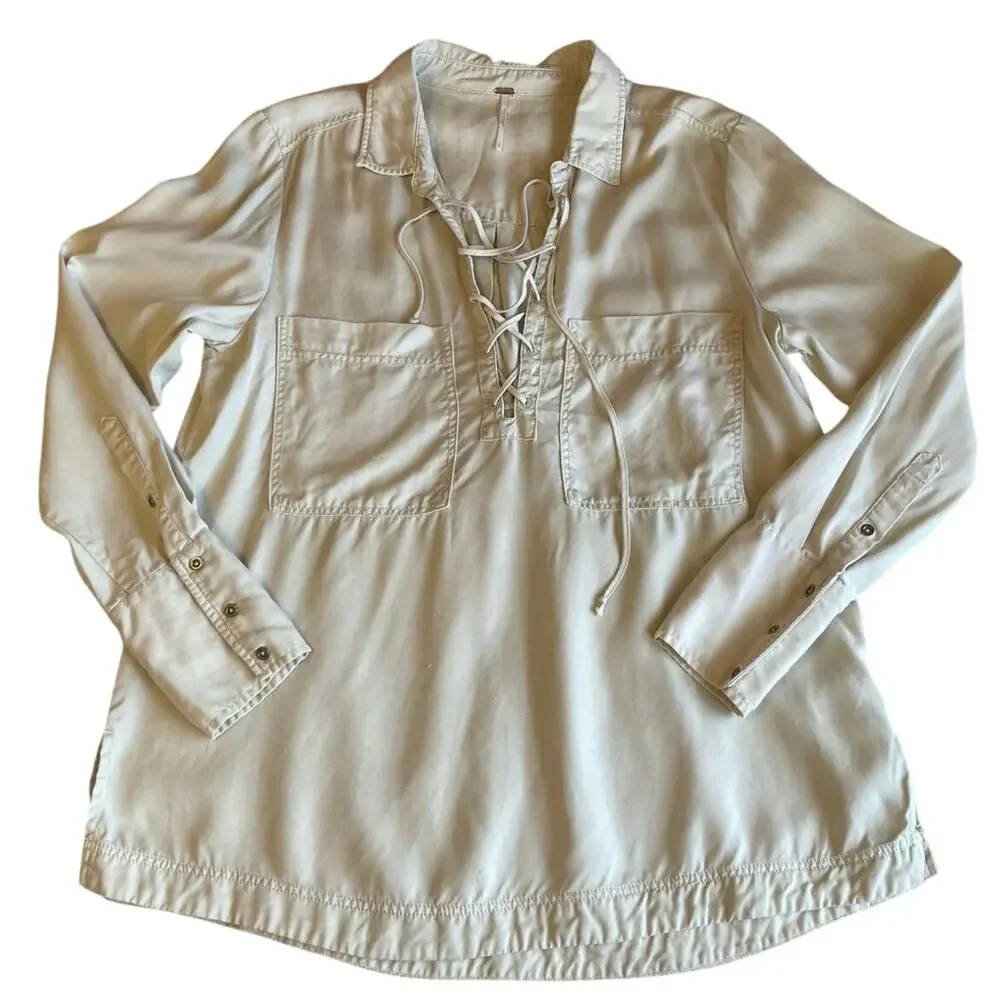 Free People Boho Minimalist Collared Long Sleeve Lace up Neckline Tunic Large